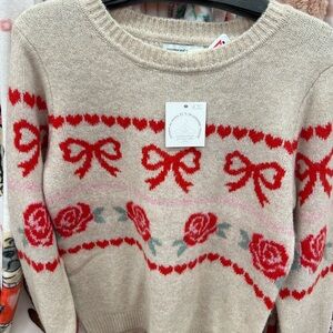 cupcakes & cashmere Beige Sweater with Red Bows Hearts Pink Accents Valentines